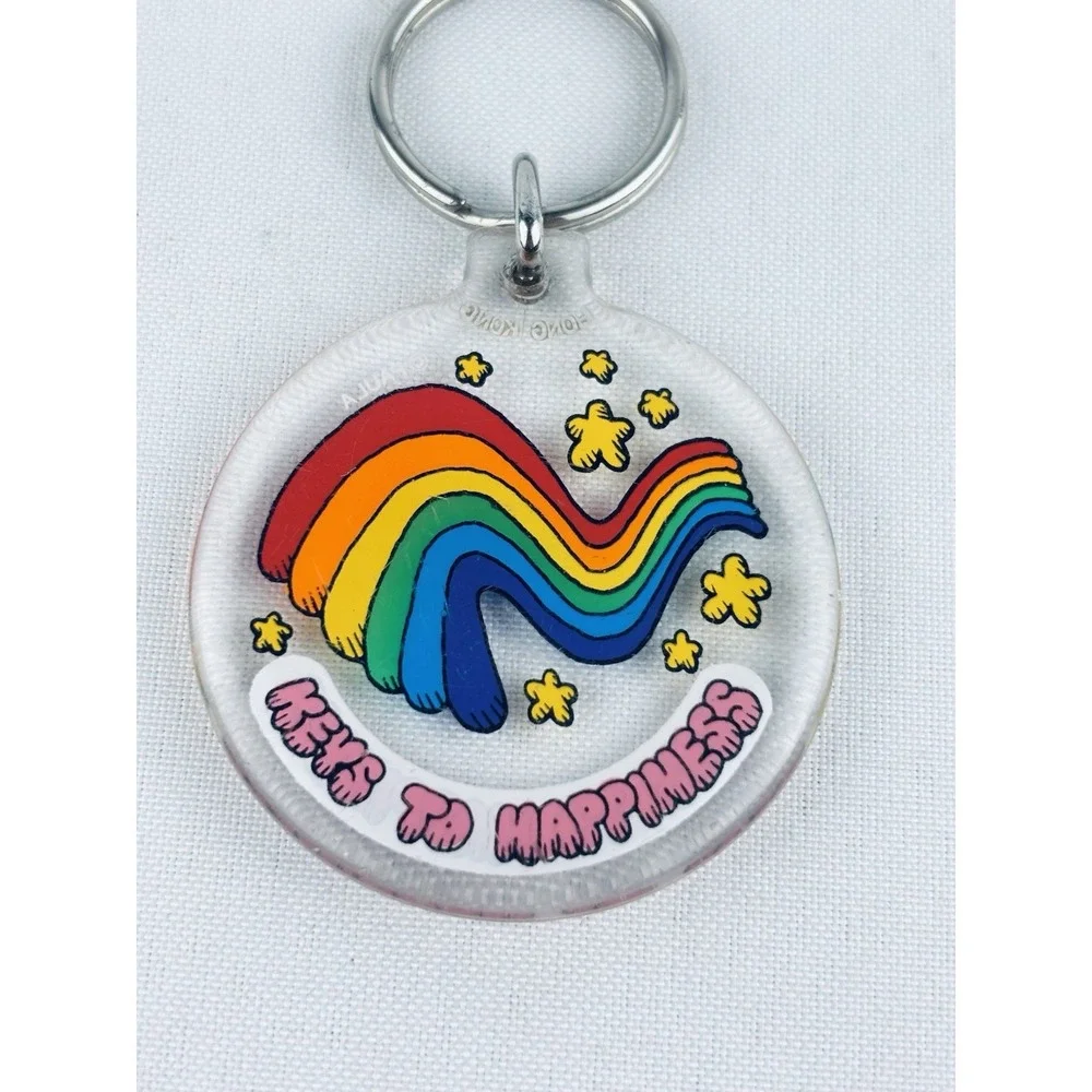 Vintage‎ Keys To Happiness Rainbow Stars Acrylic Round Keychain Key Ring